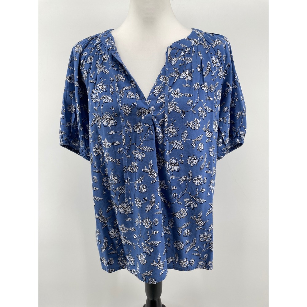 LOFT Floral Top Womens Small Blue Cottage Country Western Boho Puff Sleeve NEW